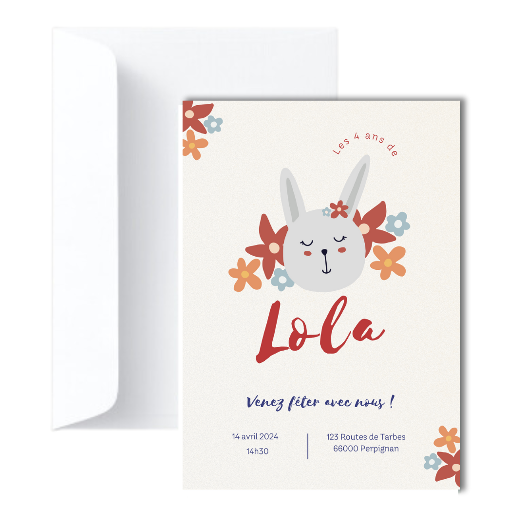 Invitation anniversaire enfant Lapin 20 ex